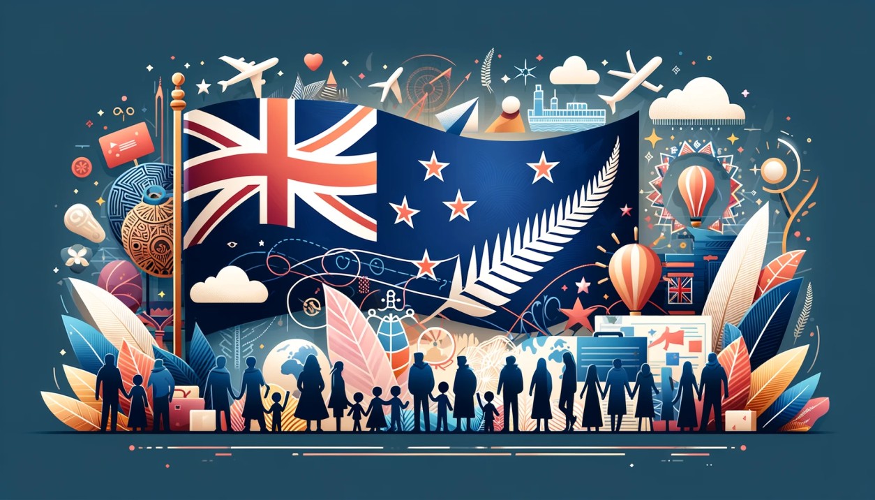 Section 61 - the concept of immigration in New Zealand, featuring iconic symbols like the New Zealand flag, a map-ICL Immigration