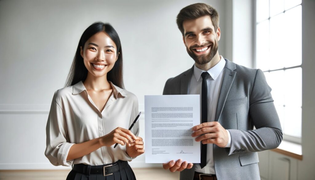 Clean image of a cheerful working couple holding legal documents-New Zealand Partnership Visa