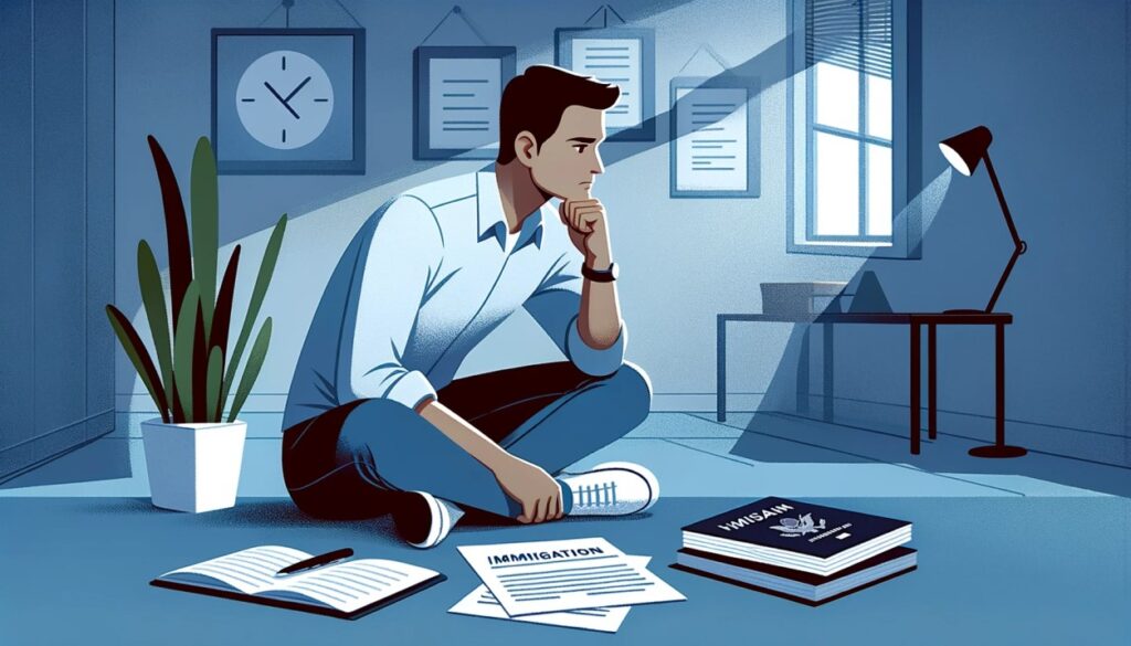 Image depicting a thoughtful individual sitting with immigration paperwork, reflecting the process of applying for a visa under Section 61-ICL Immigration