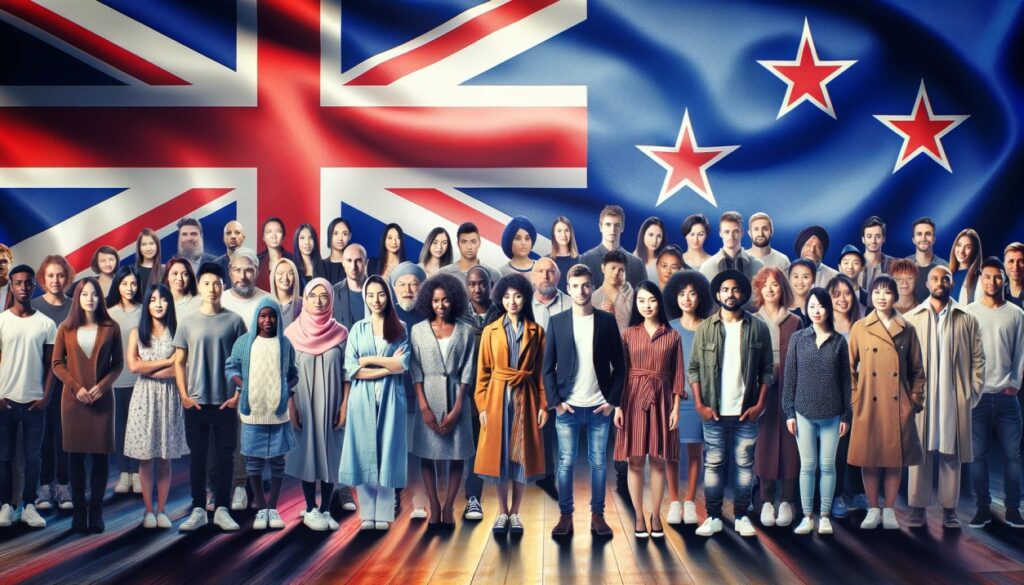 Image of a diverse group of individuals, symbolizing international immigrants, in front of a backdrop of the New Zealand flag-ICL Immigration