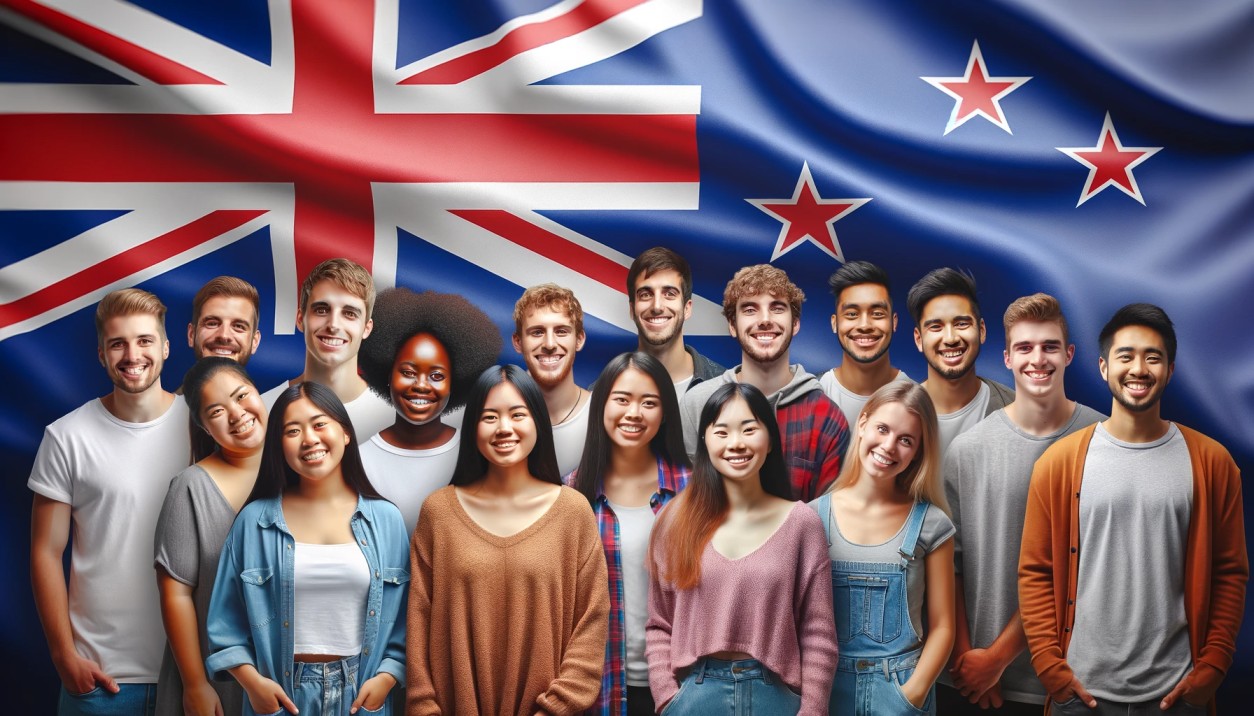 Zealand flag in the background with a group of diverse students in the foreground-Study in NZ- ICL Immigration
