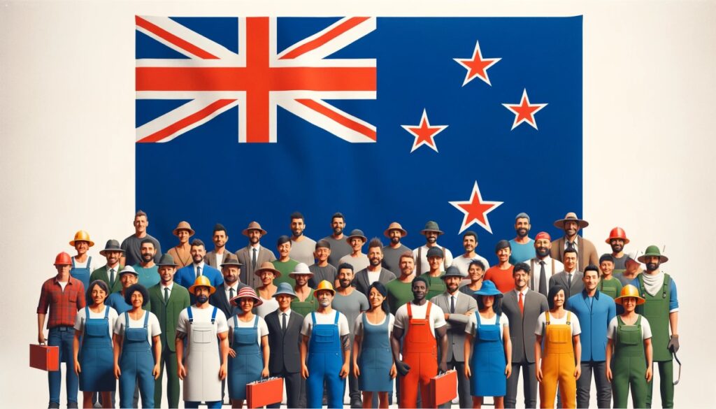 New Zealand flag and a diverse group of migrant workers