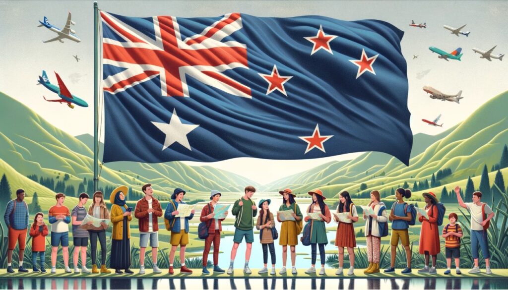 Working Holiday Scheme in New Zealand, incorporating the New Zealand flag and diverse young adults from multi