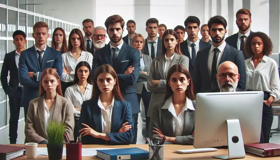 A_clean_and_professional_image_showing_a_group_of_immigrants_looking_tense_and_concerned_in_an_office_setting.