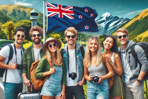 A_clean_and_vibrant_image_of_a_diverse_group_of_tourists_in_New_Zealand._The_group_is_standing_outdoors_in_a_scenic_location_with_famous_New_Zealand